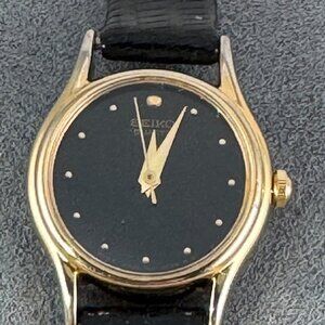 Gold and Black Enamel Dial Seiko Watch New Battery and Black Leather Strap